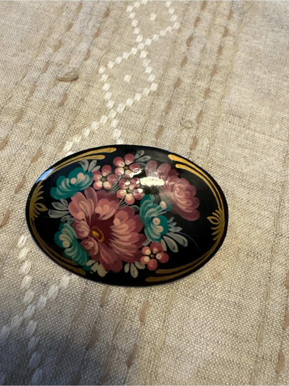 Hand-Painted Floral Oval Brooch in Black with Pink & Teal Flowers